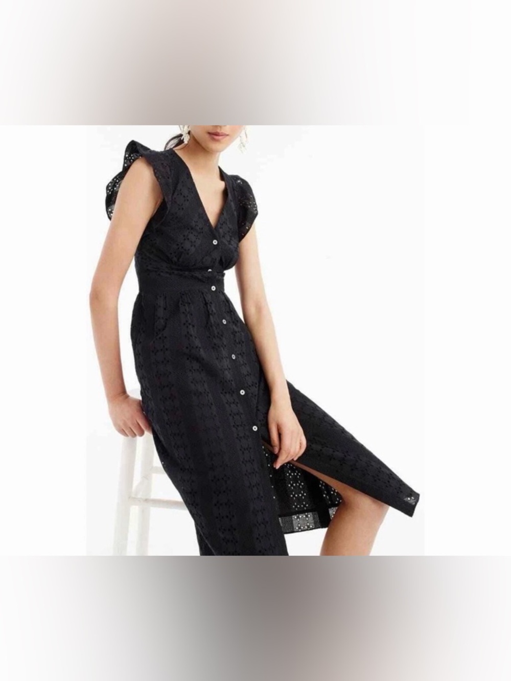 J.Crew Women’s Black Eyelet Midi Button Up Ruffle Sleeve Dress Size 8 - Picture 8 of 10
